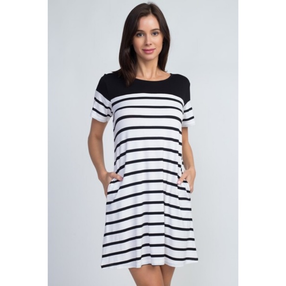 Women's Short Sleeves Striped Soft Stretchy Dress - Picture 2 of 5